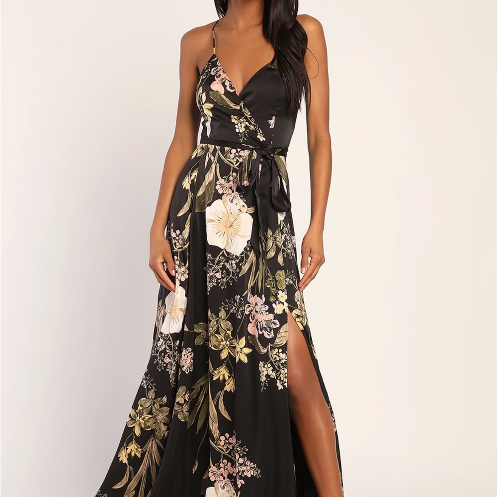 Black Floral Print Satin Maxi Dress with Slit lulus
